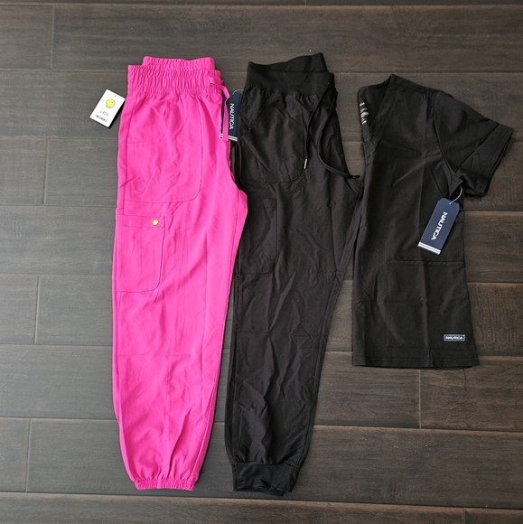 NWT- Black Nautica Scrub Set and Smilely World, Berry Color Scrub Pants. Size M - Picture 1 of 13